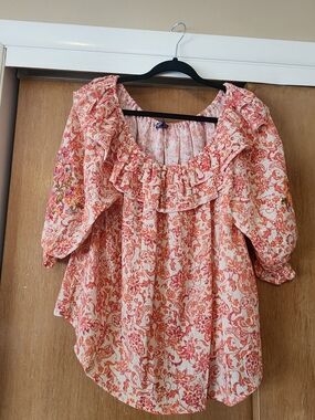 Democracy Coral and White Ruffled Peasant Blouse